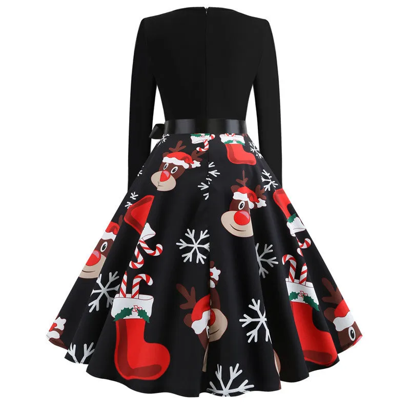 VenusFox Women Long Sleeve Vintage Robe Swing Pinup Elegant Party Dress