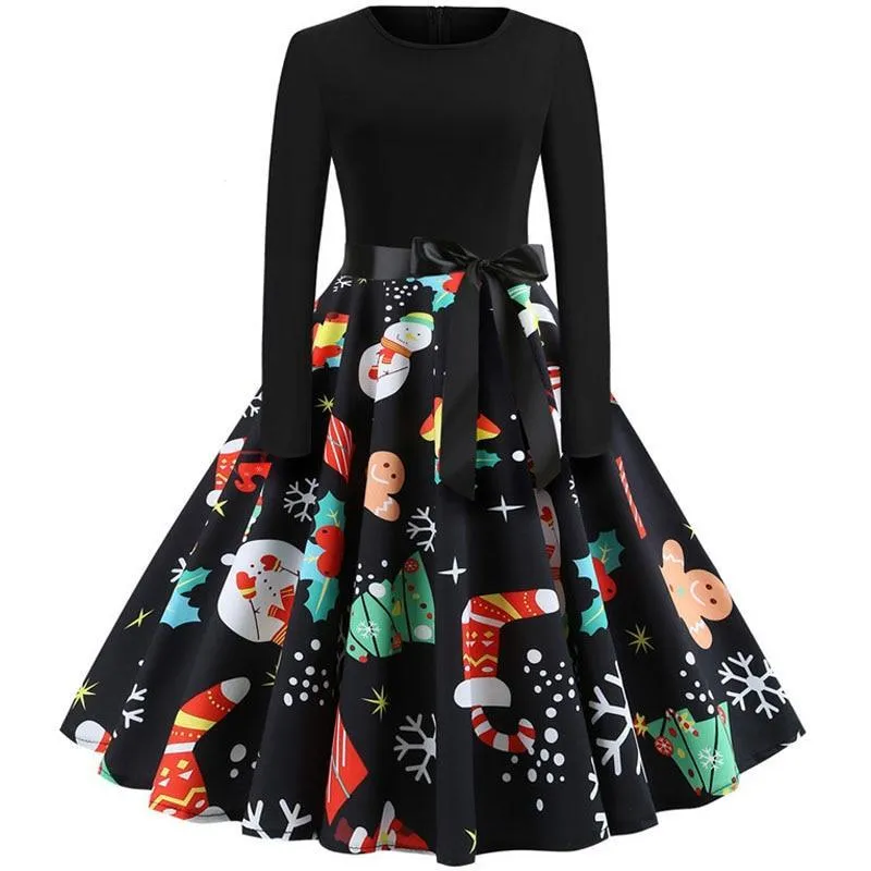 VenusFox Women Long Sleeve Vintage Robe Swing Pinup Elegant Party Dress