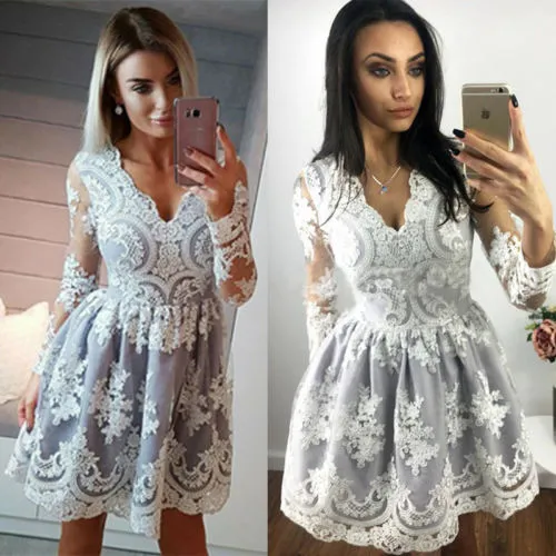 VenusFox Womens Lace Formal Long Sleeve Evening Party Ball Prom Dress