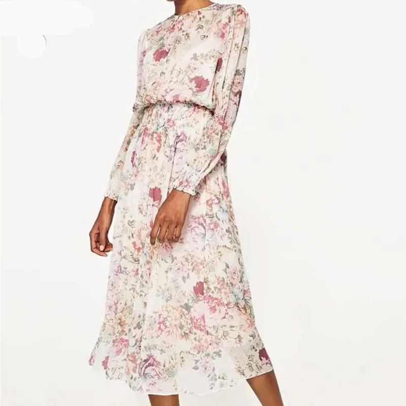 VenusFox Womens O-Neck Long Sleeve Floral Elastic Waist Casual Midi Dress