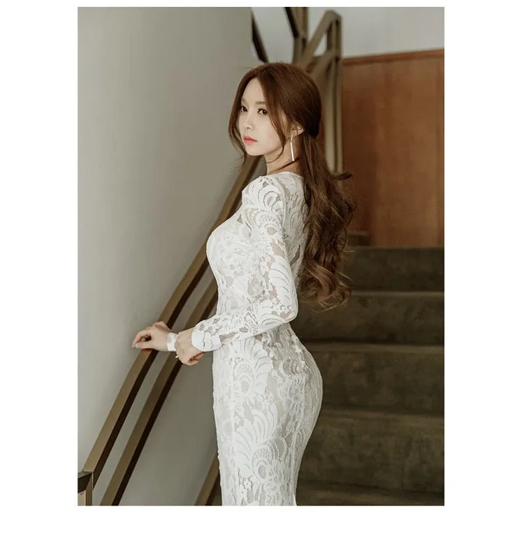 VenusFox Women's Sexy Long Sleeve Bandage Bodycon White Pencil Lace Dress