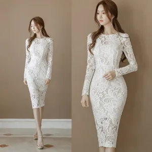 VenusFox Women's Sexy Long Sleeve Bandage Bodycon White Pencil Lace Dress