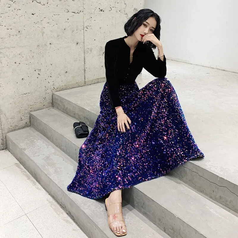 wei yin AE0201 Saudi Arabic Long Sleeve Evening Dress Muslim 2019 V Neck Sequin Gown Dubai Women Dresses Evening Party Dress