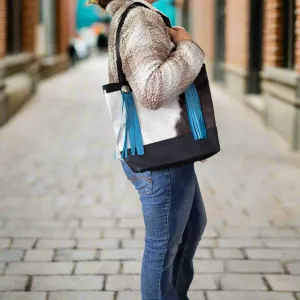 Western Black & White Cowhide Leather Tote Bag - Turquoise Fringe