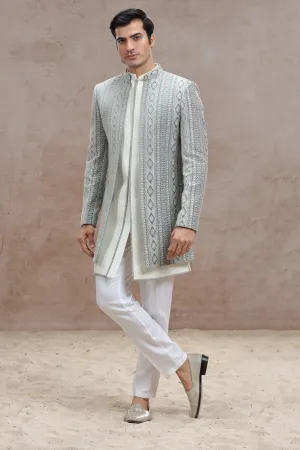 White & Grey Indo Western with Exquisite Chickenkari Work