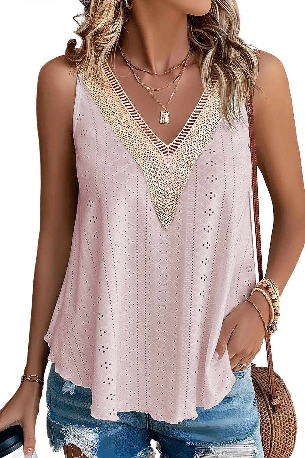 White Lace Crochet Splicing Eyelet V Neck Tank Top