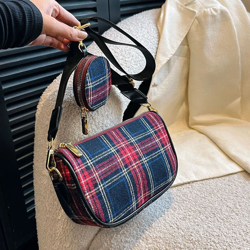 Women's Autumn and Winter Woolen Plaid Square Bag