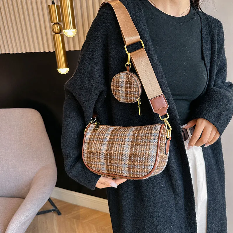 Women's Autumn and Winter Woolen Plaid Square Bag