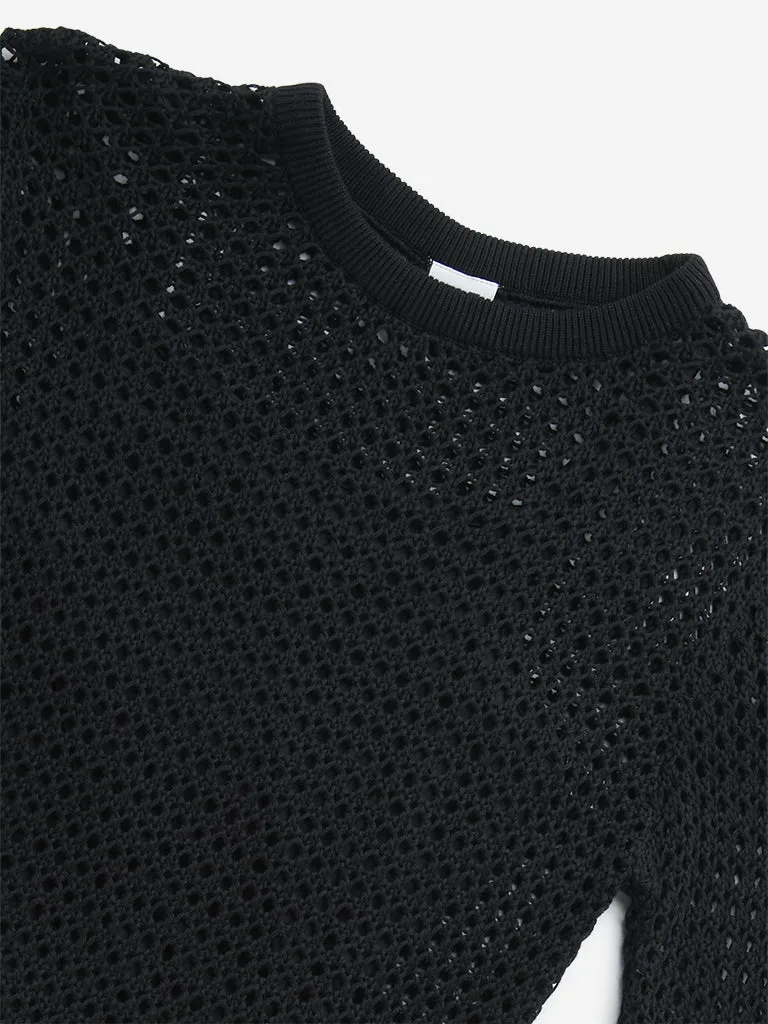 Y&F Kids Black Knit-Textured Crochet Cotton Top