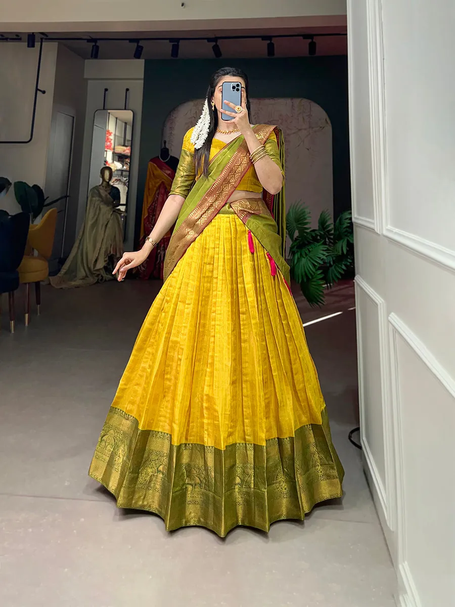 Yellow Exquisite Kanjivaram Silk Lehenga Choli with Zari Weaving