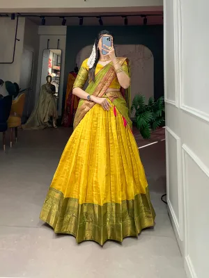 Yellow Exquisite Kanjivaram Silk Lehenga Choli with Zari Weaving